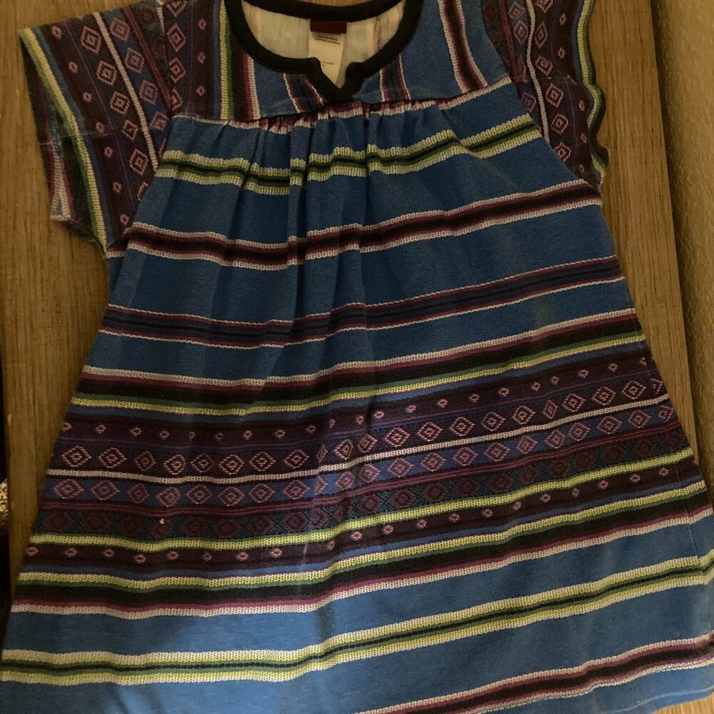 Tea Collection Blue Striped Tribal Print Dress 4 Short Sleeve Cotton